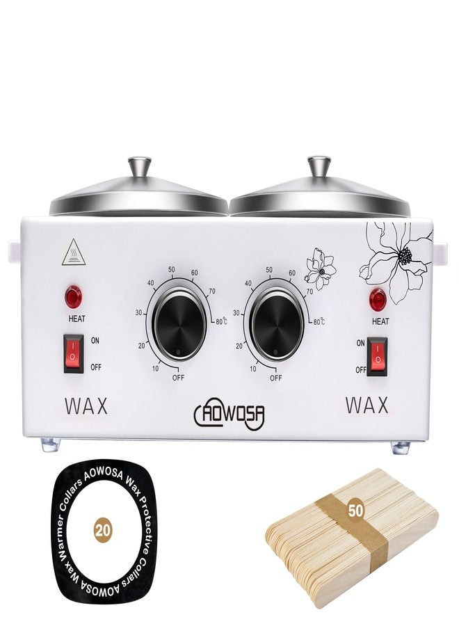 AOWOSA Professional Waxing Kit Wax Warmer Double Pot Wax Heater Machine for Hair Removal, Large Waxing Pot for Spa Salon Beauty Esthetician Home, with Adjustable Temperature Set, 50 Stick & 20 Collar(White) - Image 1