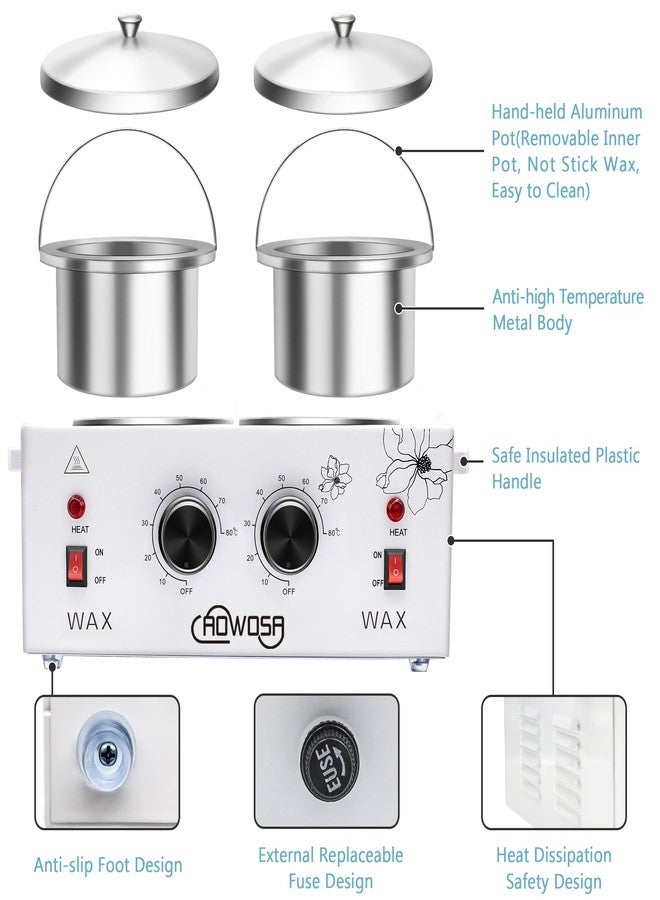 AOWOSA Professional Waxing Kit Wax Warmer Double Pot Wax Heater Machine for Hair Removal, Large Waxing Pot for Spa Salon Beauty Esthetician Home, with Adjustable Temperature Set, 50 Stick & 20 Collar(White) - Image 3