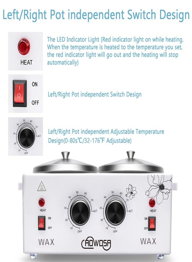 AOWOSA Professional Waxing Kit Wax Warmer Double Pot Wax Heater Machine for Hair Removal, Large Waxing Pot for Spa Salon Beauty Esthetician Home, with Adjustable Temperature Set, 50 Stick & 20 Collar(White) - Image 4