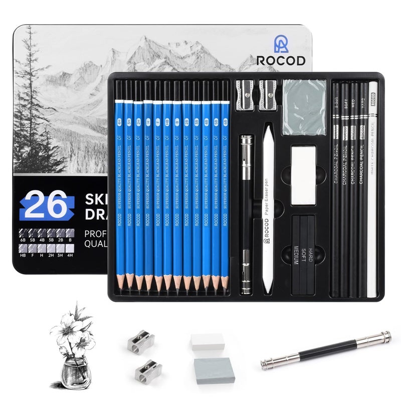 ROCOD Sketch Pencils for Kids and Adults Drawing, 26-Piece Profession Sketching Pencils, Drawing Pencil for Artists Beginner Sketching, Art Graphite Pencil 6B to 4H - Image 1