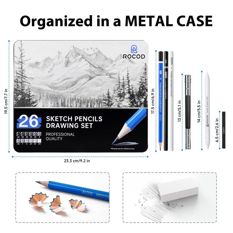 ROCOD Sketch Pencils for Kids and Adults Drawing, 26-Piece Profession Sketching Pencils, Drawing Pencil for Artists Beginner Sketching, Art Graphite Pencil 6B to 4H - Image 5