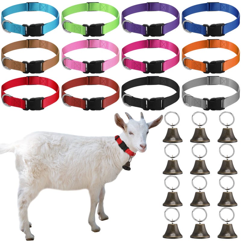 Jexine 12 Sets Goat Collars with Bells Horse Sheep Grazing Cow Bells Adjustable Nylon Dog Bell Collar with Quick Release Buckle Anti Lost Pet with Copper Bell for Small Farm Animal Sheep Accessories - Image 3