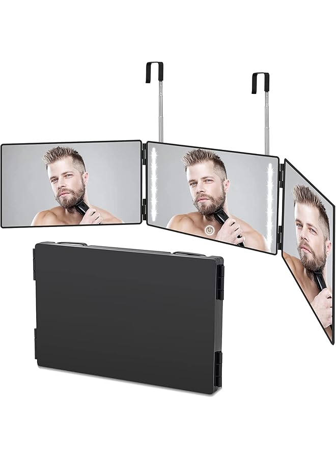 DMG TECH 3 Way Barber Mirror Led Self Cut Mirror 360° Barber Mirror For Men Usb With Height Adjustable Telescopic Hook Suitable For Haircut Hairstyling Shaving Grooming Hair Coloring And Makeup - Image 1