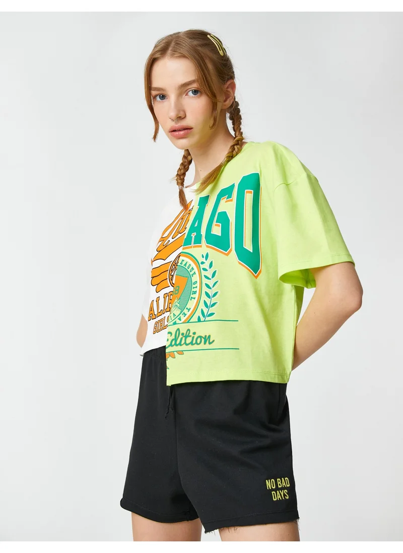 كوتون Crop T-Shirt Printed Short Sleeve Crew Neck