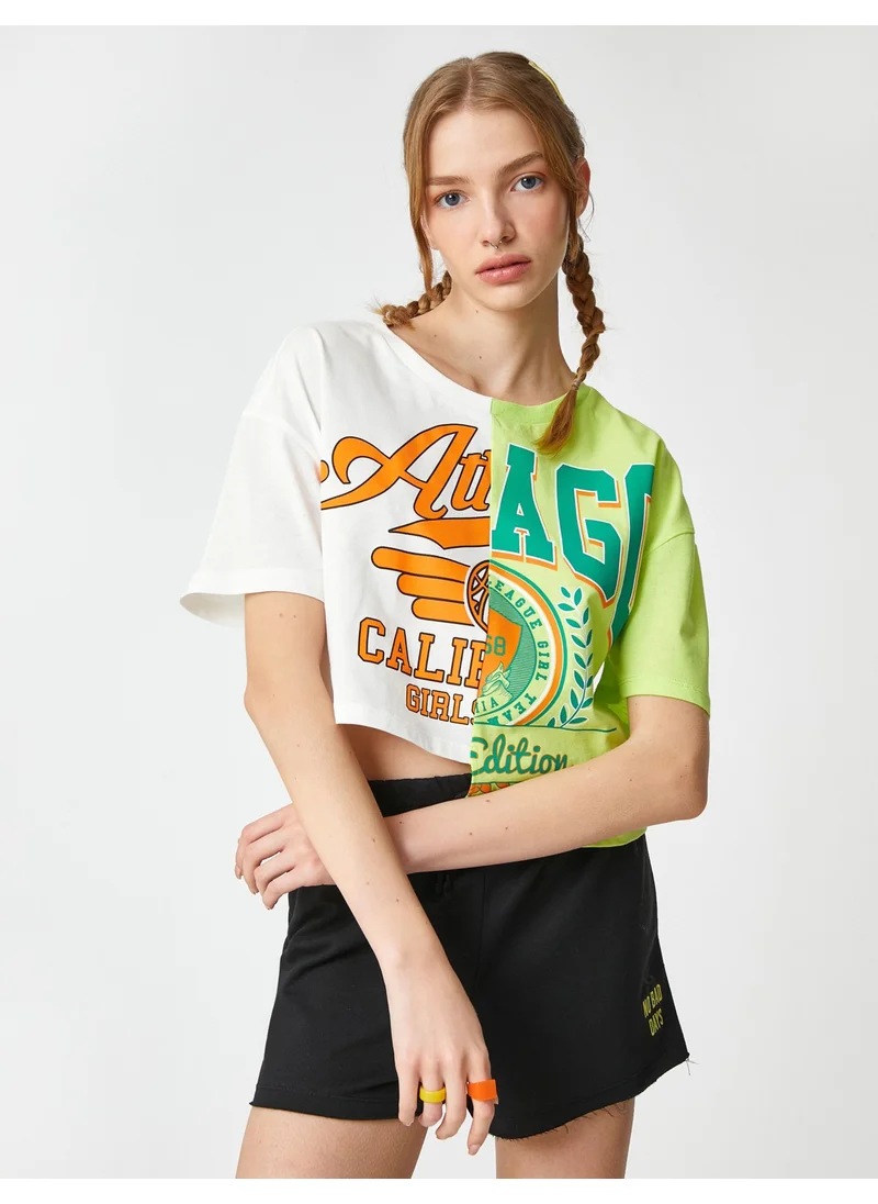 KOTON Crop T-Shirt Printed Short Sleeve Crew Neck