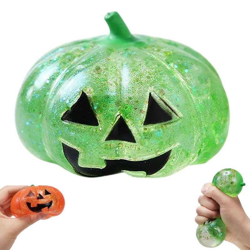 Pumpkin Stress Ball Anxiety Relief Toy - Soft PVC Squeeze Toy with Glitter Finish Green Halloween Desk Decor for Office Travel - Image 1