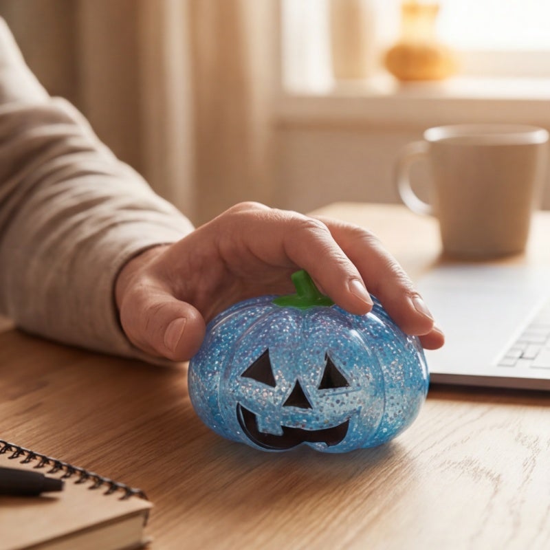 Pumpkin Stress Ball Anxiety Relief Toy - Soft PVC Squeeze Toy with Glitter Finish Green Halloween Desk Decor for Office Travel - Image 3