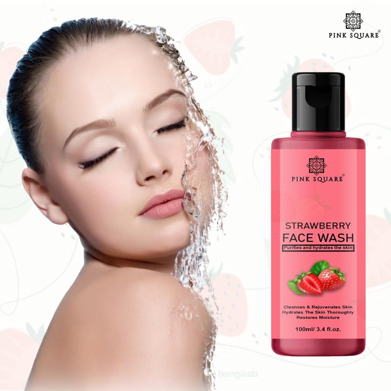 Pink Square Strawberry Face Wash with Strawberry Extract for all Skin Type Natural Face Wash For AntiAcne whitening Skin with No Parabens SLS Silicones Colour 100 ml - Image 2