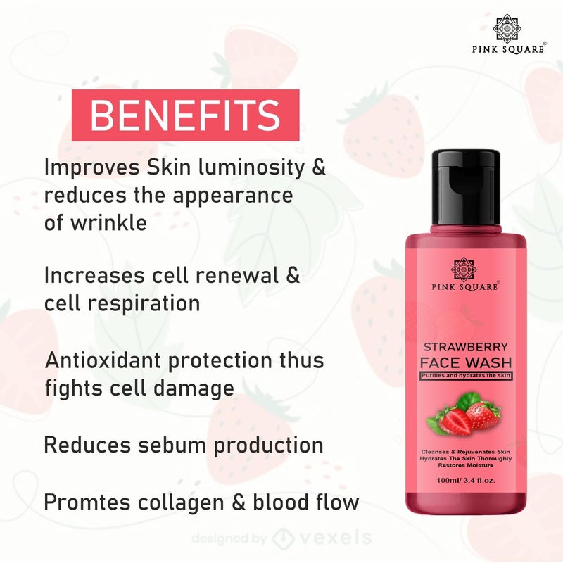 Pink Square Strawberry Face Wash with Strawberry Extract for all Skin Type Natural Face Wash For AntiAcne whitening Skin with No Parabens SLS Silicones Colour 100 ml - Image 4
