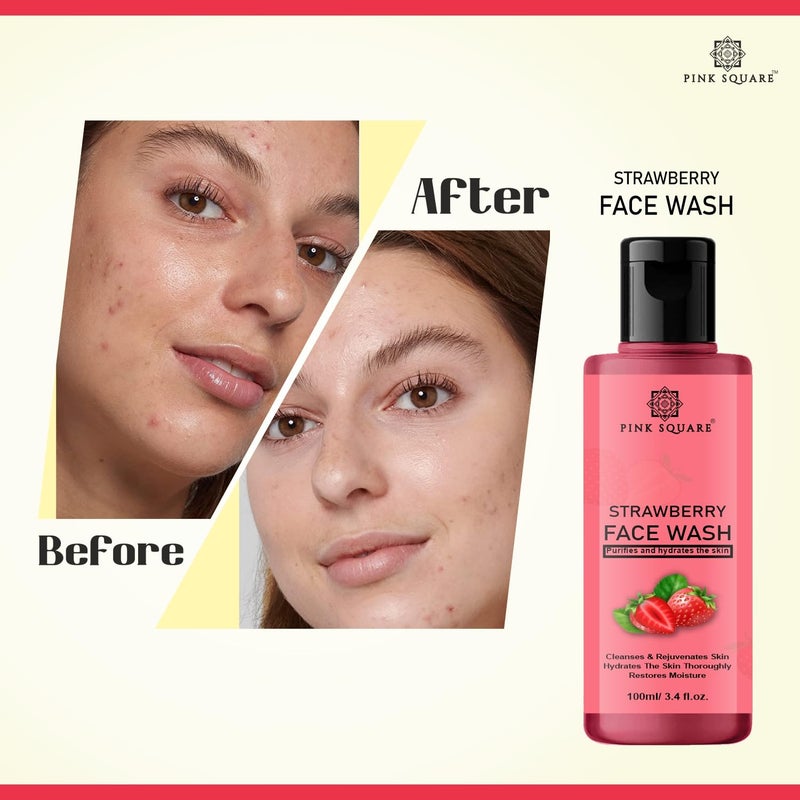 Pink Square Strawberry Face Wash with Strawberry Extract for all Skin Type Natural Face Wash For AntiAcne whitening Skin with No Parabens SLS Silicones Colour 100 ml - Image 5