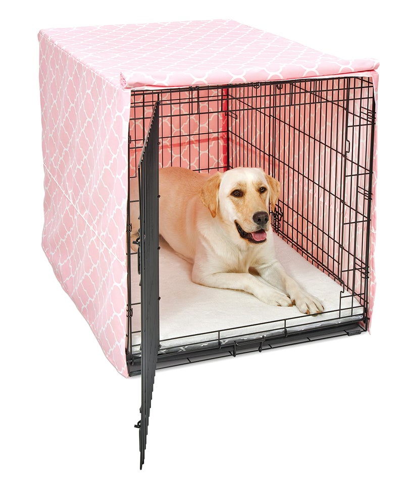 New World Large Dog Crate Cover Featuring Teflon Fabric Protector PolyCotton Privacy Kennel Cover Fits Most 42inch Crates Pink Designer Print Machine Washable Reduces Barking