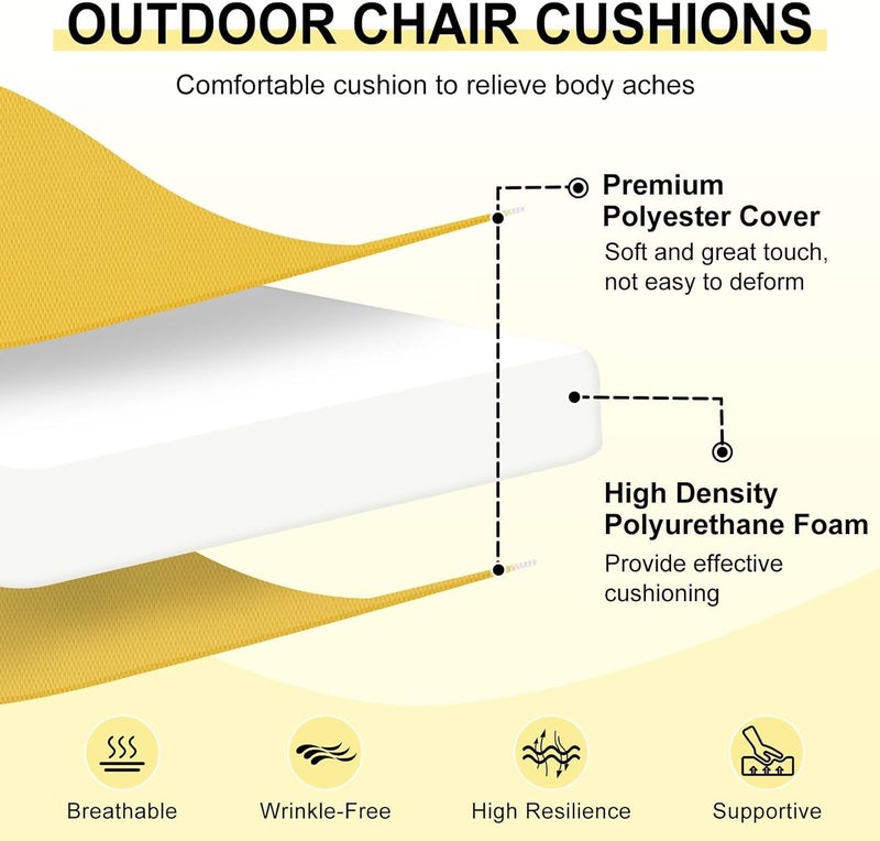 downluxe Outdoor Chair Cushions Set of 4 for Patio Furniture, Water-Resistant Square Corner Patio Chair Cushions with Ties, High Density Foam Outdoor Seat Cushion, 18.5" X 16" X 3", Yellow - Image 2