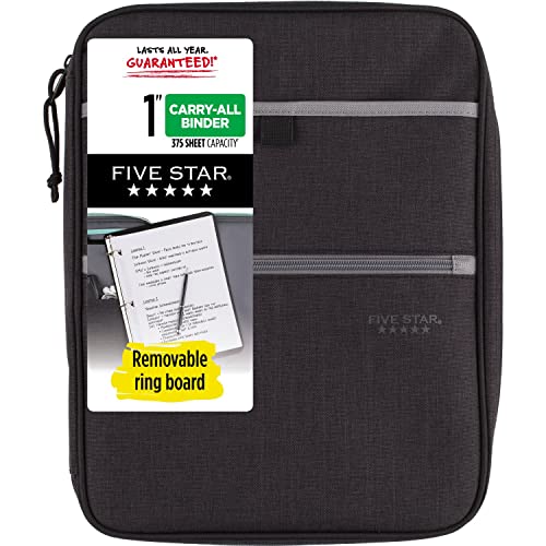 Five Star Zipper Binder, 1 Inch 3-Ring Binder with Round Rings, Carry-All with Pockets and 4-Tab Dividers, 375 Sheet Capacity, Black/Gray (29092IT8) - Image 1