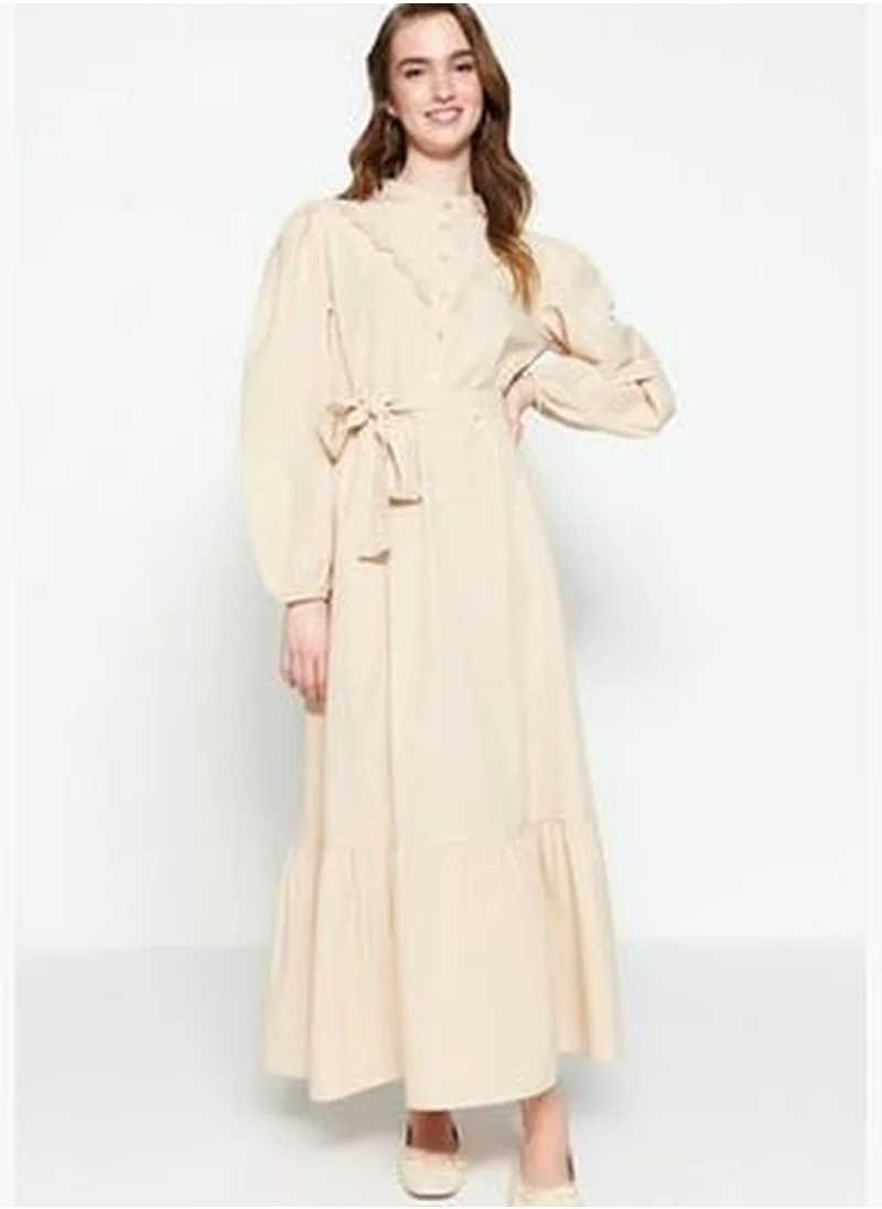 trendyol Beige Collar, Embroidered, Tie Waist Woven Dress TCTSS23EB00206