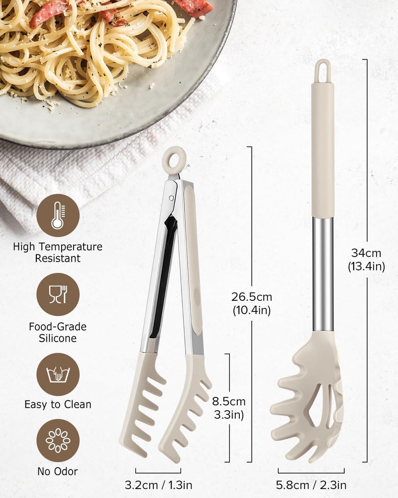 DaiRen Kitchen Spaghetti Spoon and Pasta Tong, Non-stick Silicone Spoon Server Fork with teeth and Stainless Steel Handle Spaghetti Tong, Food Clip for Spaghetti Noodle (KHAKI) - Image 2