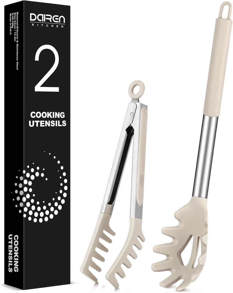 DaiRen Kitchen Spaghetti Spoon and Pasta Tong, Non-stick Silicone Spoon Server Fork with teeth and Stainless Steel Handle Spaghetti Tong, Food Clip for Spaghetti Noodle (KHAKI) - Image 1