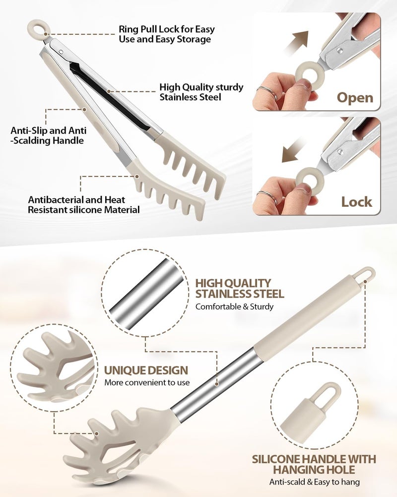 DaiRen Kitchen Spaghetti Spoon and Pasta Tong, Non-stick Silicone Spoon Server Fork with teeth and Stainless Steel Handle Spaghetti Tong, Food Clip for Spaghetti Noodle (KHAKI) - Image 3