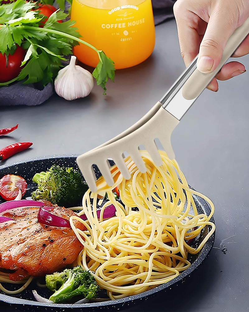 DaiRen Kitchen Spaghetti Spoon and Pasta Tong, Non-stick Silicone Spoon Server Fork with teeth and Stainless Steel Handle Spaghetti Tong, Food Clip for Spaghetti Noodle (KHAKI) - Image 4