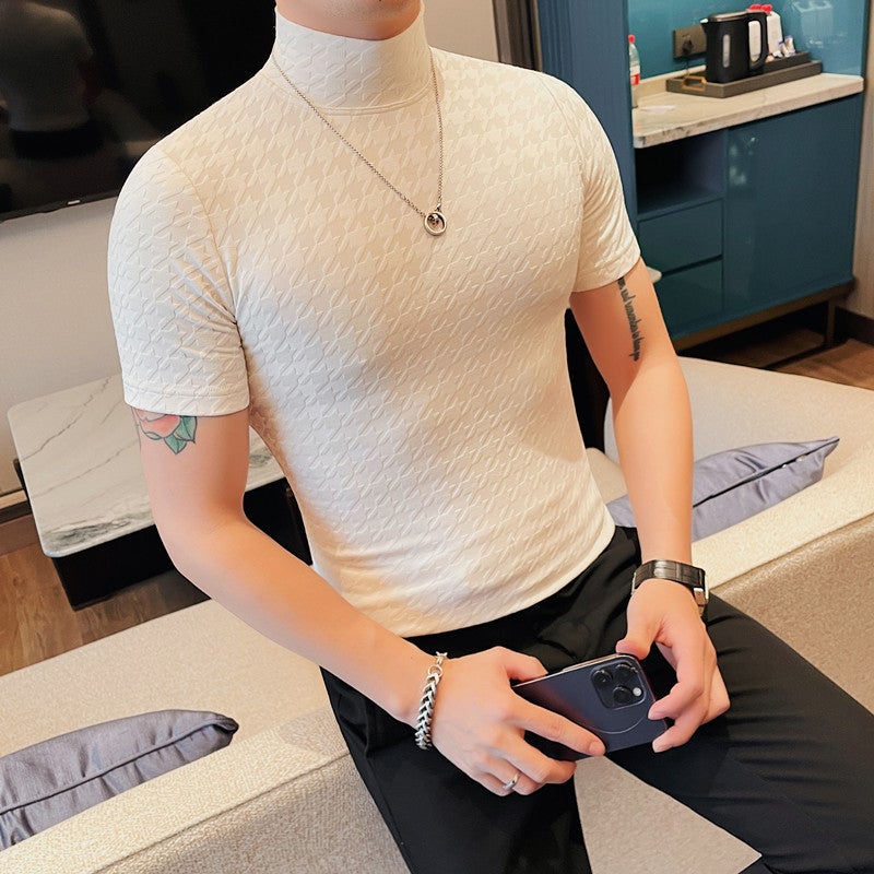 Men'S Half-High Collar Base Shirt Korean Style Slim-Fit Thin Retro Pattern Fashionable Young Men'S T-Shirt - Image 2