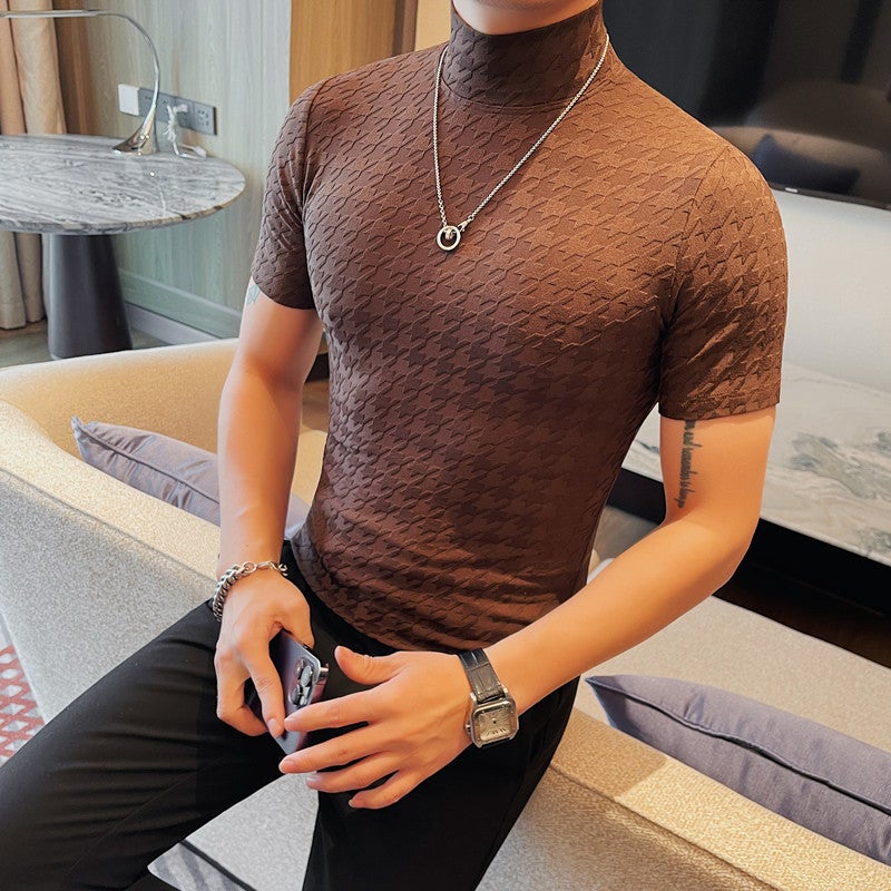 Men'S Half-High Collar Base Shirt Korean Style Slim-Fit Thin Retro Pattern Fashionable Young Men'S T-Shirt - Image 4