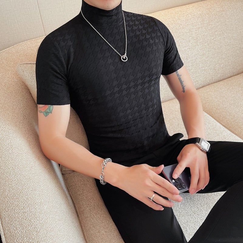 Men'S Half-High Collar Base Shirt Korean Style Slim-Fit Thin Retro Pattern Fashionable Young Men'S T-Shirt - Image 3