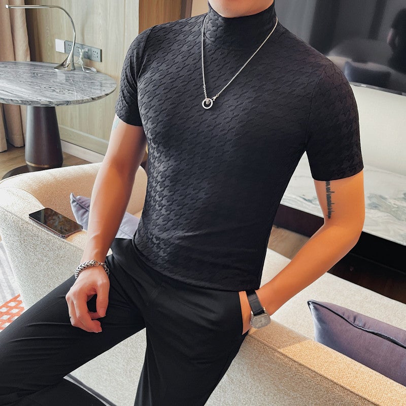 Men'S Half-High Collar Base Shirt Korean Style Slim-Fit Thin Retro Pattern Fashionable Young Men'S T-Shirt - Image 5