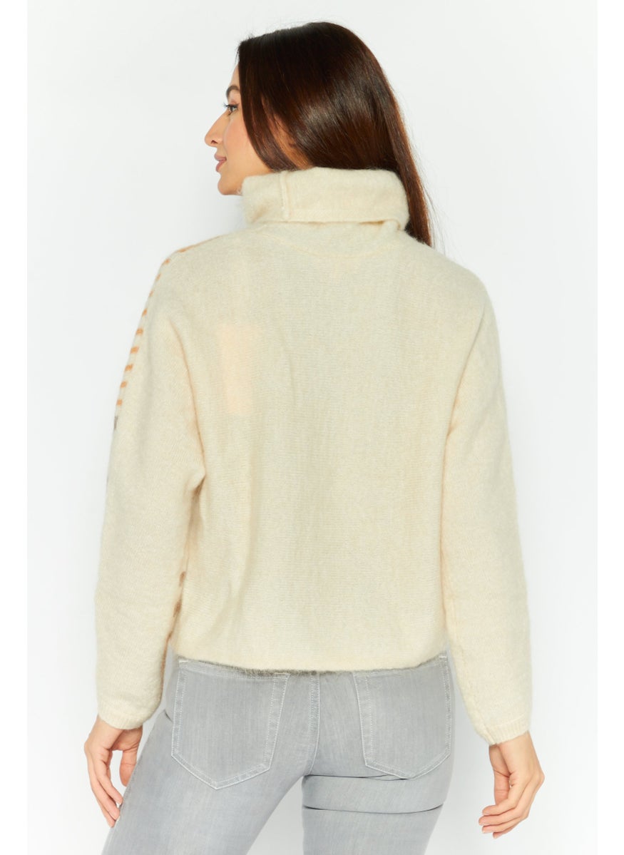 Couture Made For Vero Moda - Women Turtle Neck Knitted Sweater, Beige Combo - Image 1