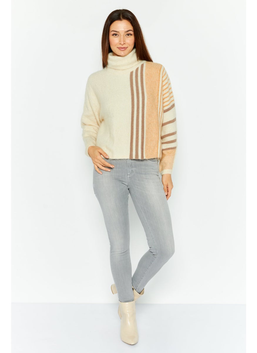 Couture Made For Vero Moda - Women Turtle Neck Knitted Sweater, Beige Combo - Image 1