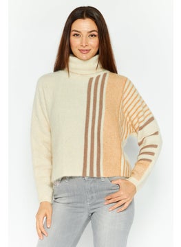 Women Turtle Neck Knitted Sweater, Beige Combo