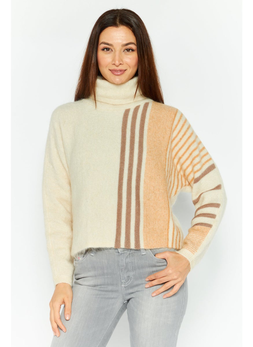 Couture Made For Vero Moda - Women Turtle Neck Knitted Sweater, Beige Combo - Image 1