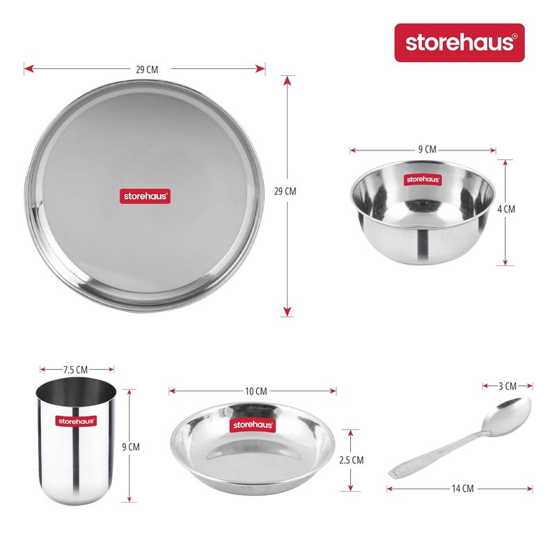 Storehaus 6 Pieces Smart Stainless Steel DinnerwareDinner Set 1 Thali 1 Halwa Plate 2 Bowl 1 Glass 1 Spoon Kitchen Set for Home Restaurants Family Silver - Image 2