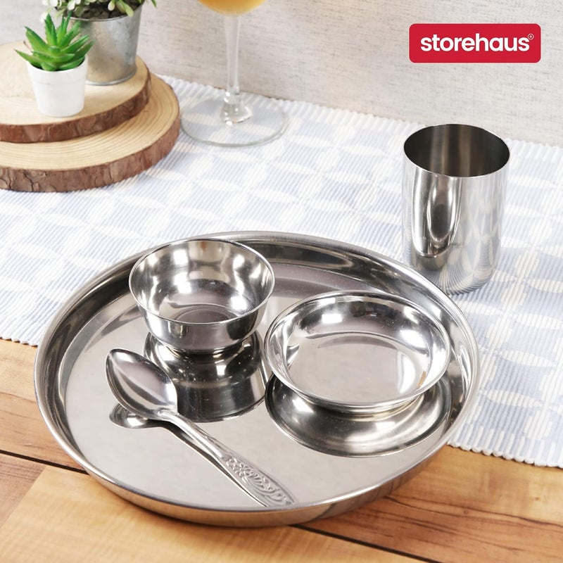 Storehaus 6 Pieces Smart Stainless Steel DinnerwareDinner Set 1 Thali 1 Halwa Plate 2 Bowl 1 Glass 1 Spoon Kitchen Set for Home Restaurants Family Silver - Image 4