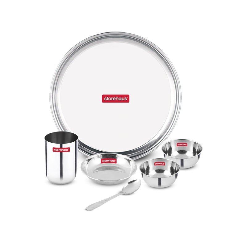 Storehaus 6 Pieces Smart Stainless Steel DinnerwareDinner Set 1 Thali 1 Halwa Plate 2 Bowl 1 Glass 1 Spoon Kitchen Set for Home Restaurants Family Silver - Image 1