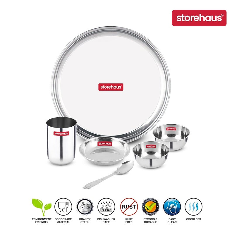 Storehaus 6 Pieces Smart Stainless Steel DinnerwareDinner Set 1 Thali 1 Halwa Plate 2 Bowl 1 Glass 1 Spoon Kitchen Set for Home Restaurants Family Silver - Image 3