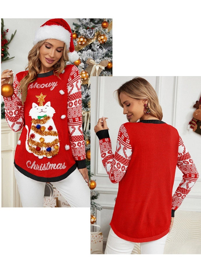 NIBEMINENT Autumn Winter Jacquard Pullover Christmas Sweaters Women Cartoon Cat Embroidery Red Sweater Womens Winter Jumper - Image 2