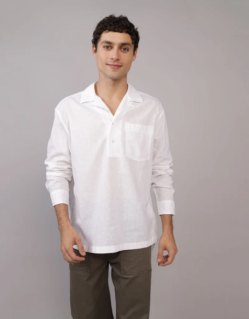 امريكان ايجل Long-Sleeve Linen-Blend Popover Shirt