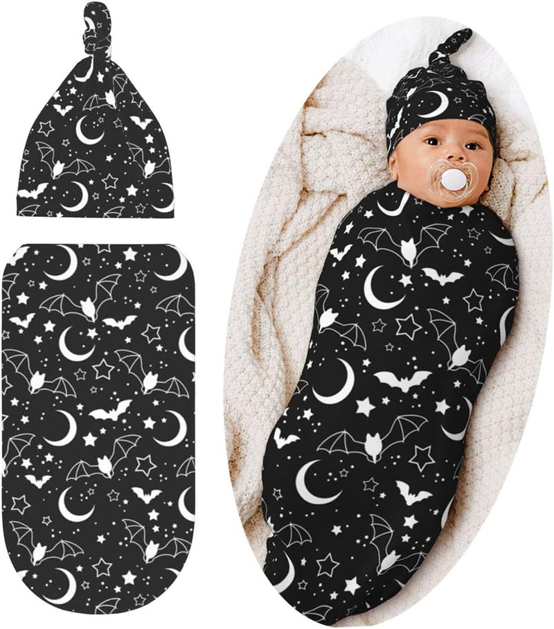 Lcokin Halloween Goth Baby Stuff Swaddle Blanket Hat Set For Boys Girls Soft Bat Moon Newborn Sleeping Sack Receiving Blanket Shower Gift - Image 1