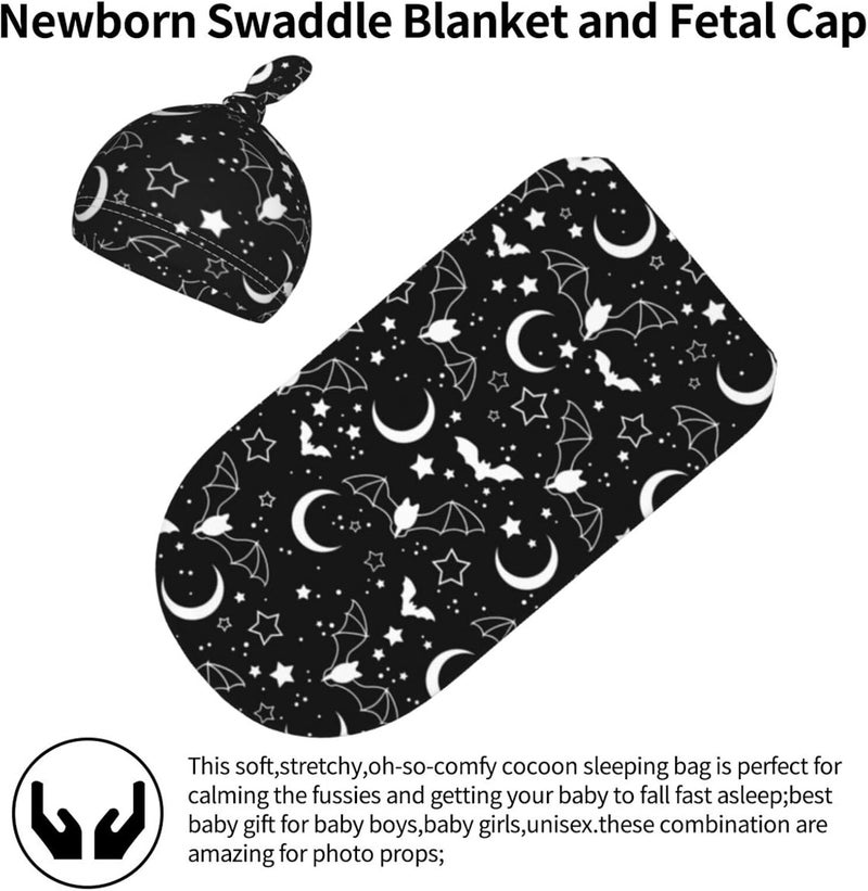 Lcokin Halloween Goth Baby Stuff Swaddle Blanket Hat Set For Boys Girls Soft Bat Moon Newborn Sleeping Sack Receiving Blanket Shower Gift - Image 4