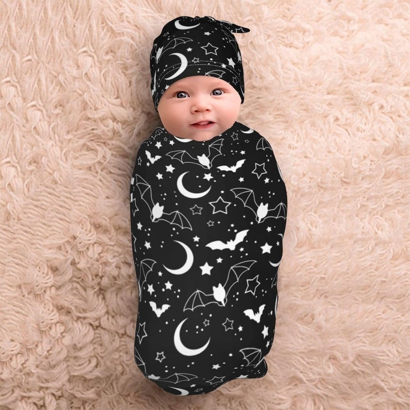 Lcokin Halloween Goth Baby Stuff Swaddle Blanket Hat Set For Boys Girls Soft Bat Moon Newborn Sleeping Sack Receiving Blanket Shower Gift - Image 2