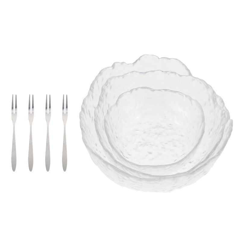 3Pcs Glass Salad Bowls With Hammered Texture And 4 Forks Kitchen Serving Set - Image 2