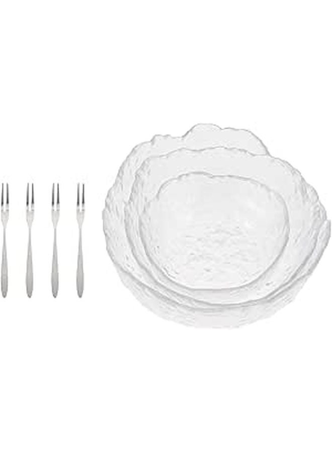 3Pcs Glass Salad Bowls With Hammered Texture And 4 Forks Kitchen Serving Set - Image 1
