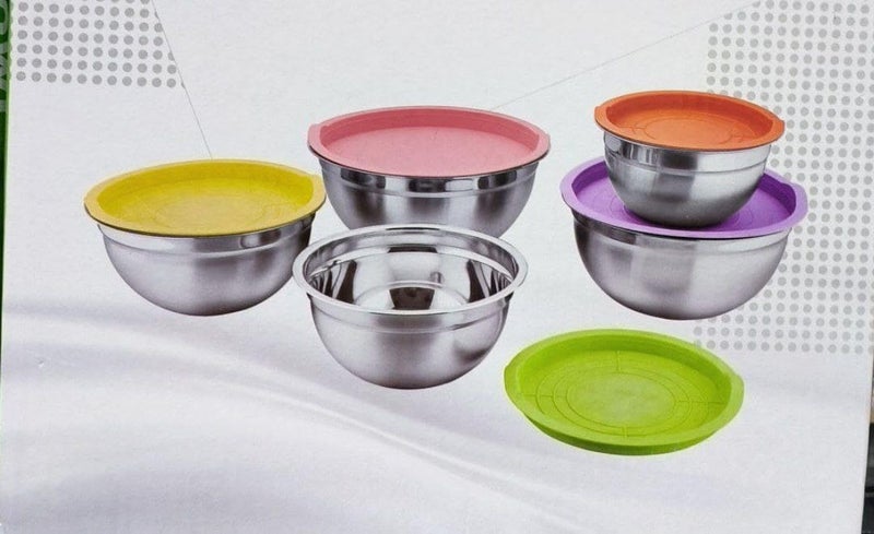 Stainless Steel Mixing Bowls Set with Colorful Silicone Lids, 5-Piece - Image 2