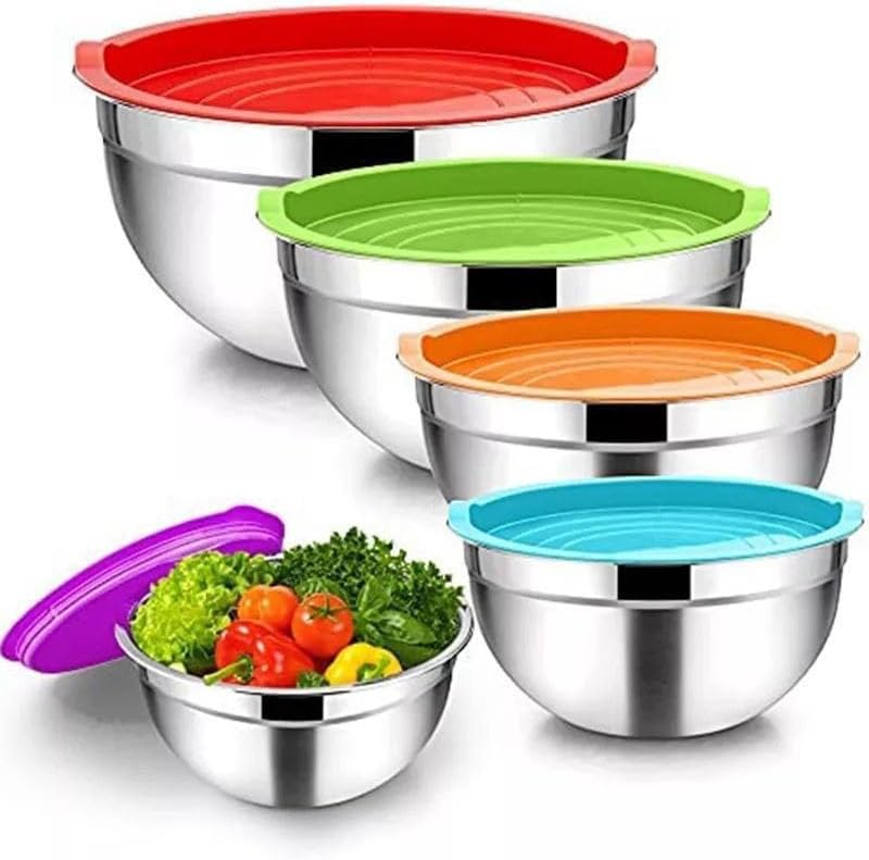 Stainless Steel Mixing Bowls Set with Colorful Silicone Lids, 5-Piece - Image 1