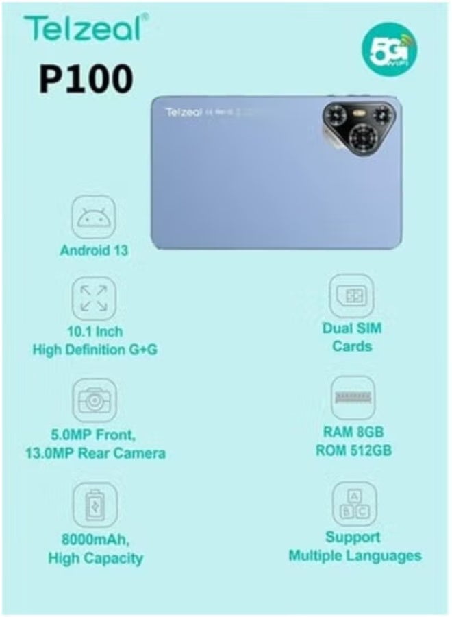 Telzeal P100 Android 13 Tablet with 10.1-Inch HD Display, 8GB RAM, 512GB Storage, Dual SIM + 5G WiFi, Octa-Core Processor – Long-Lasting 8000mAh Battery – Blue – Includes Wireless Keyboard & Mouse – Dual Cameras – Ideal for Office, Online Classes, and Entertainment - Image 3