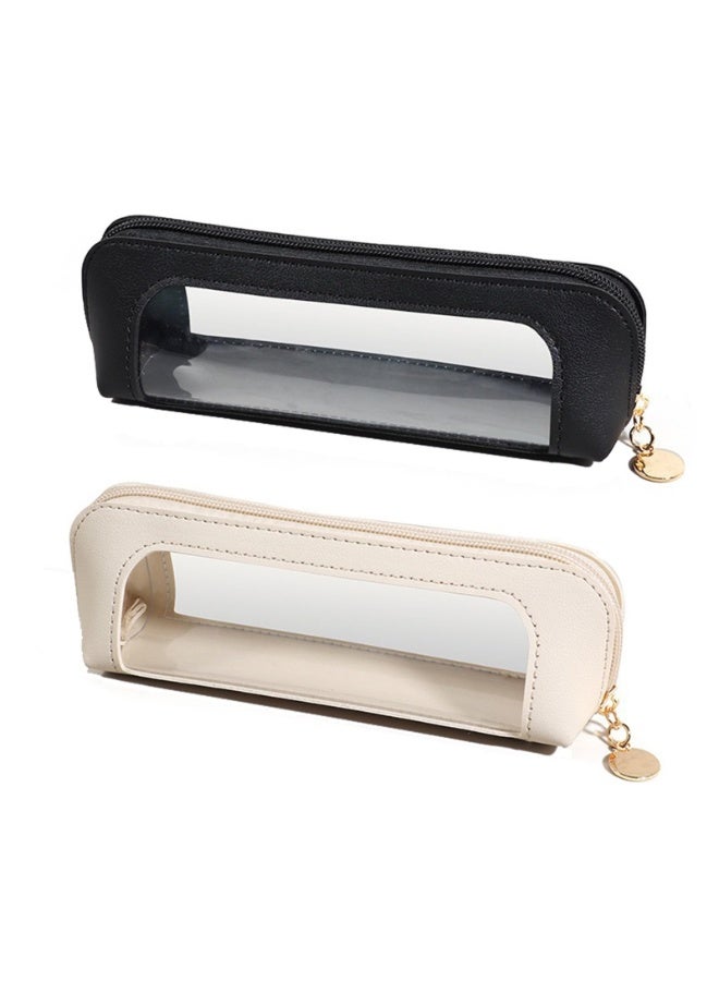 2 Pack Clear Makeup Brush Cases, Portable Cosmetic Organizer Pouches with Zipper, Black & Beige - Image 1