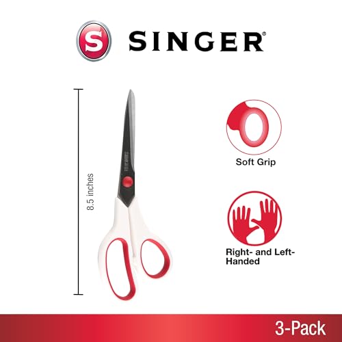 SINGER 00445 8-1/2-Inch, 3-Pack Fabric Scissors with Comfort Grip, Red & White, 3 Count - Image 2