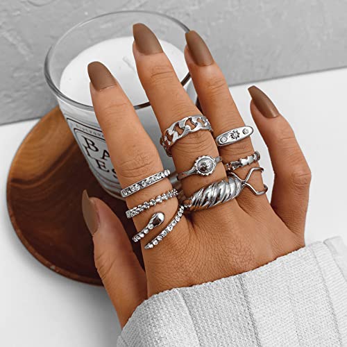 YEEZII 68 Pcs Silver Knuckle Rings Set for Women, Stackable Rings Boho Joint Finger Midi Rings Hollow Carved Crystal Stacking Rings Pack - Image 2