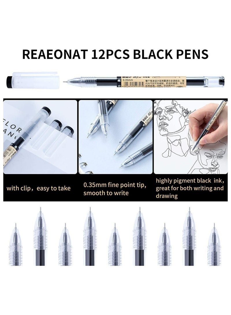 Black Gel Ink Pens 12 Pieces 0.35mm Extra Fine Point Quick-Drying Ballpoint Pens Japanese Style Gel Pens for Writing and Journaling Stationery for Home School and Office Supplies (Matte) - Image 3