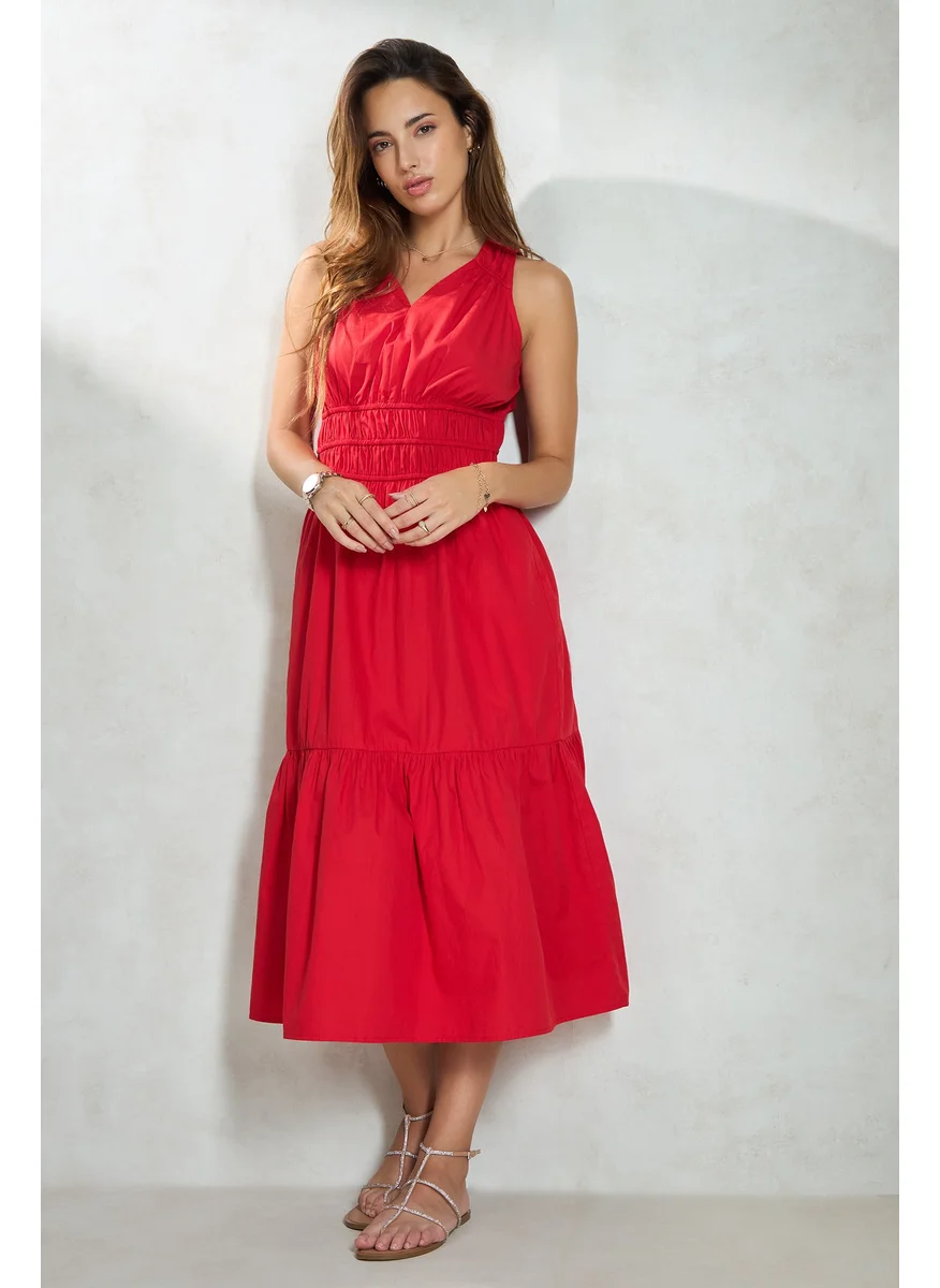 Virgio Virgio V-Neck Sleeveless Tiered Cotton Fit and Flare Dress