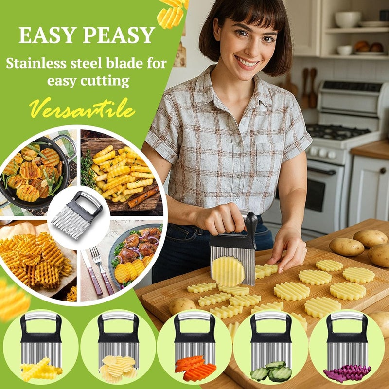 FANTEXY Crinkle Cutter for Veggies, Stainless Steel French Fry Cutter for Potatoes, Cucumbers, Carrots - Wavy Chopper, Waffle Fry Maker - Image 2